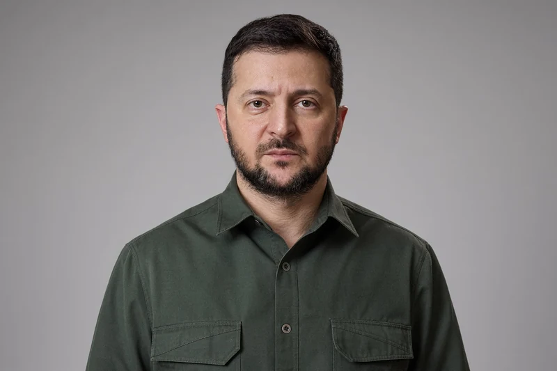 Ritratto editoriale neutrale isolato del presidente Volodymyr Zelensky; illustrazione IA non documentaria del raid.