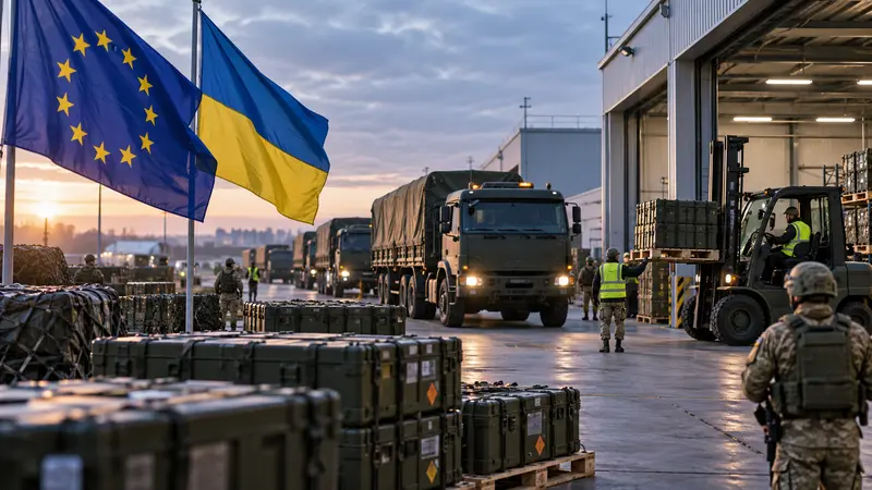 Illustrazione editoriale IA di un incontro diplomatico tra Unione europea e Ucraina; nessun combattimento e nessuna arma in primo piano.