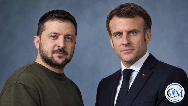 Ritratto editoriale neutrale con immagini sintetiche separate di Volodymyr Zelensky ed Emmanuel Macron; non raffigura la telefonata reale.