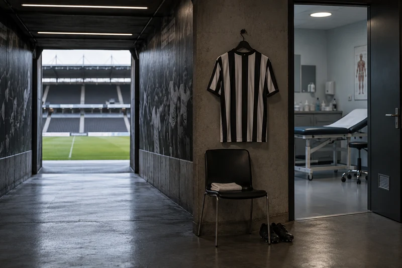 Illustrazione editoriale IA concettuale di un tunnel da stadio con maglia bianconera e una sedia; scena non documentaria.