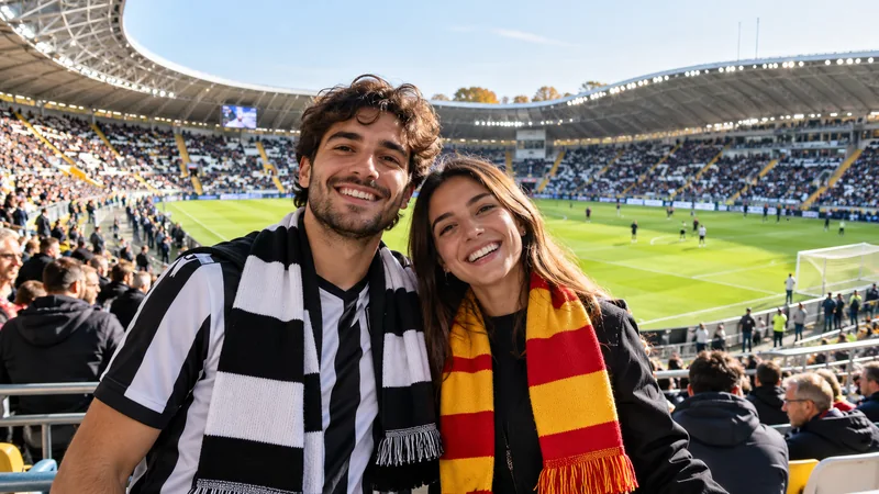 Illustrazione editoriale IA con tifosi dai colori bianconeri friulani e giallorossi leccesi sugli spalti, in uno stadio diurno; non raffigura una partita effettiva.
