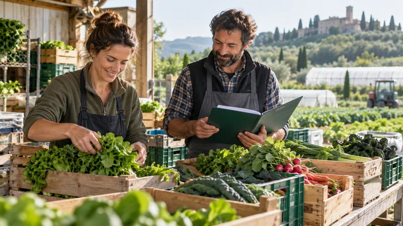 Piccoli produttori biologici preparano ortaggi per la vendita in azienda