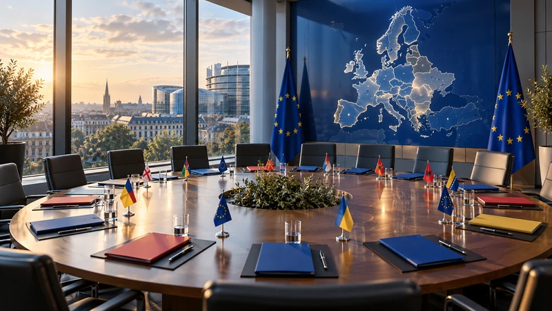 Illustrazione editoriale IA di una sala negoziale europea preparata per l'allargamento; scena non documentaria.