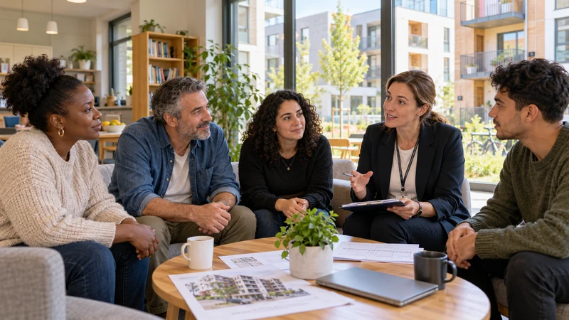 Operatori sociali e residenti discutono in un complesso abitativo europeo, illustrazione editoriale IA.