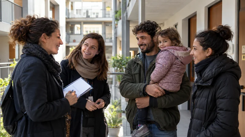 Illustrazione editoriale IA di un colloquio tra operatori sociali e una famiglia nell’atrio di un complesso residenziale.