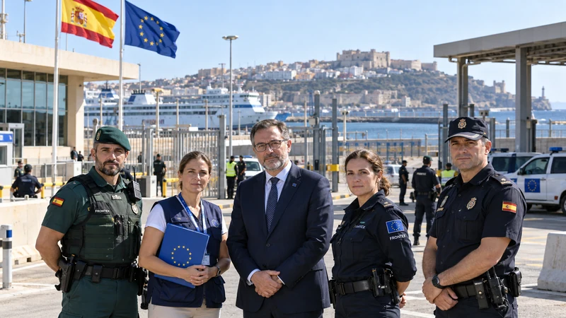 Illustrazione editoriale IA di autorità spagnole ed europee in un'area portuale mediterranea, senza rappresentare persone migranti reali.