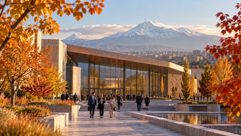 Illustrazione editoriale IA di un centro congressi tra alberi autunnali e montagne armene; scena simbolica, non documentaria.