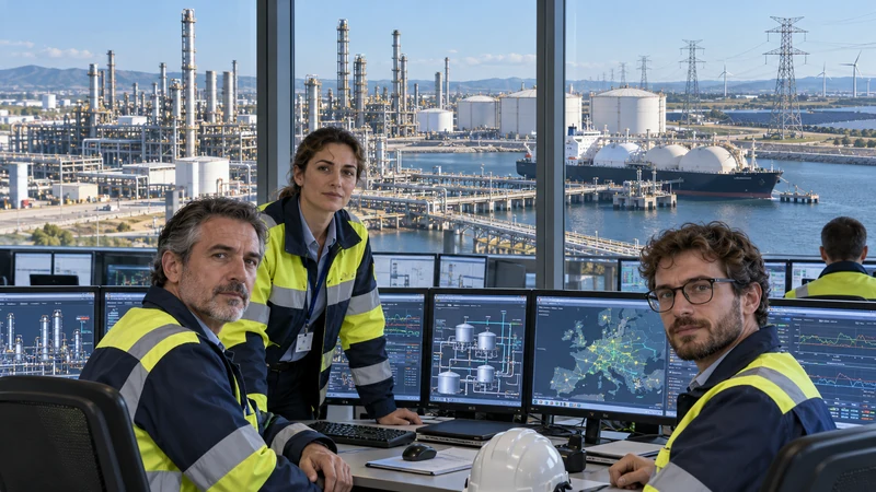 Illustrazione editoriale IA di un terminal energetico e una sala di controllo europei, senza rappresentare un evento reale.