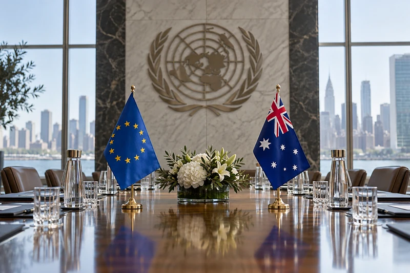 Illustrazione editoriale generata con IA: bandiere dell’Unione europea e dell’Australia in una sala diplomatica con simbolo delle Nazioni Unite; non è una fotografia documentaria.