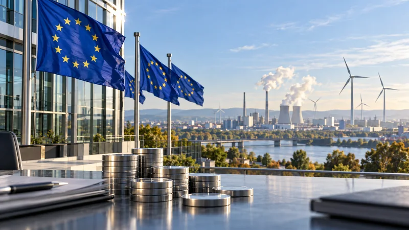 Illustrazione editoriale IA sulla riserva di stabilità ETS con bandiere europee e industria; scena non documentaria.