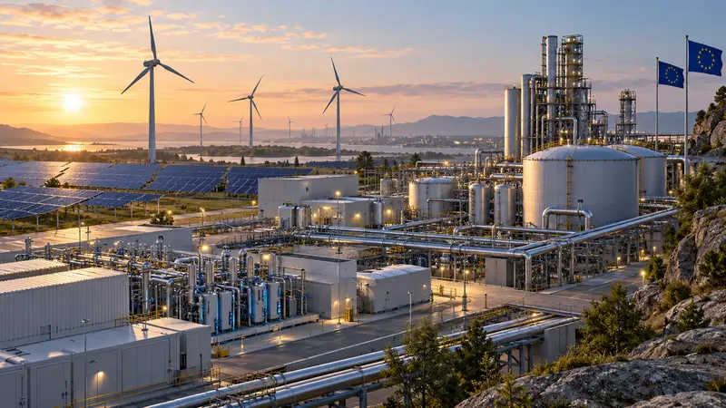 Illustrazione editoriale IA di un complesso industriale europeo con rinnovabili, elettrolizzatori e sistemi di cattura del carbonio.