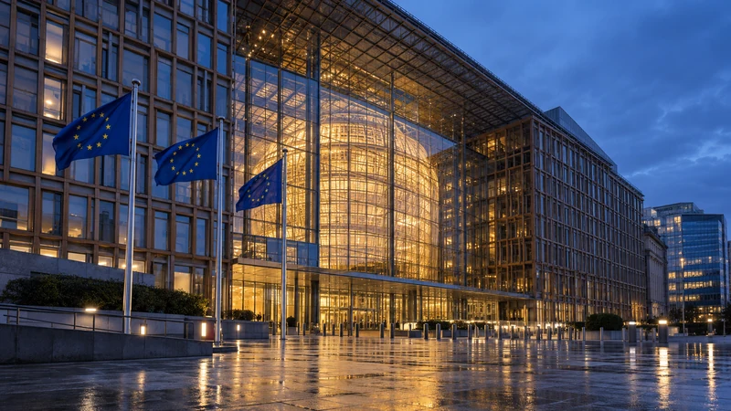 Illustrazione IA dell’edificio Europa del Consiglio dell’Unione europea a Bruxelles, sede istituzionale rappresentativa del coordinamento delle crisi.