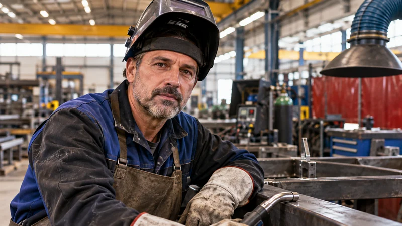 Illustrazione editoriale IA di un saldatore in officina industriale con casco sollevato e banco da lavoro.