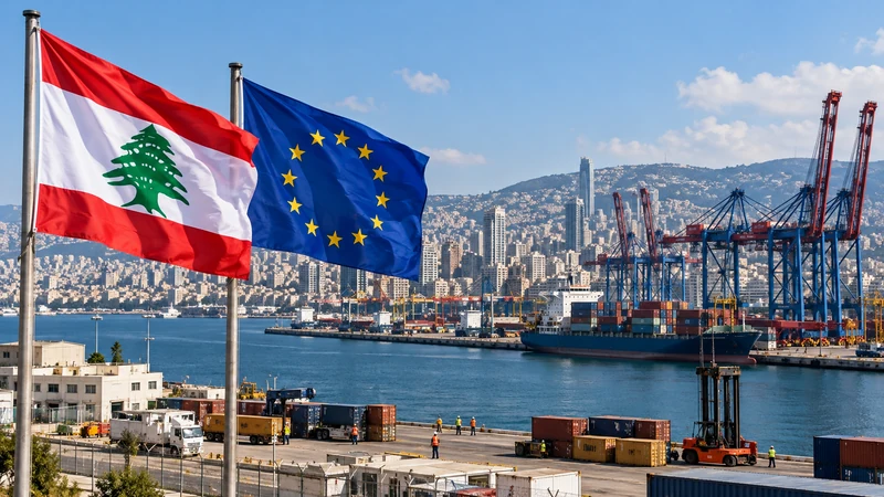 Illustrazione editoriale IA del porto di Beirut con bandiere libanese ed europea; non documenta il dispiegamento della missione.