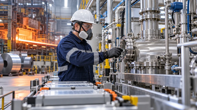 Illustrazione editoriale IA di un lavoratore protetto in un impianto industriale europeo; scena non documentaria.