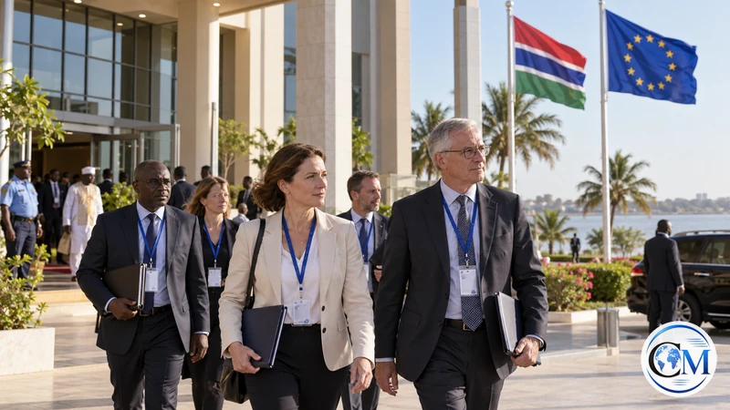 Immagine editoriale IA di osservatori elettorali europei a Banjul; non ritrae la missione reale.
