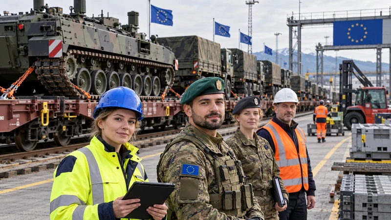 Illustrazione editoriale IA di un terminale ferroviario europeo con mezzi logistici e personale, dedicata alla mobilità militare.