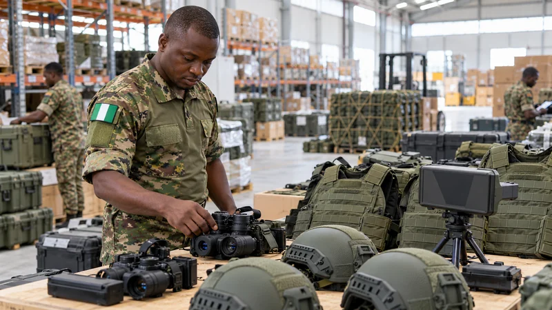 Illustrazione editoriale IA di militari nigeriani che esaminano visori e protezioni in un magazzino logistico, senza operazioni belliche.