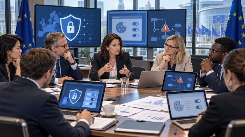 Illustrazione editoriale IA di esperti europei al lavoro su privacy, cookie e segnalazioni cyber; scena non documentaria.