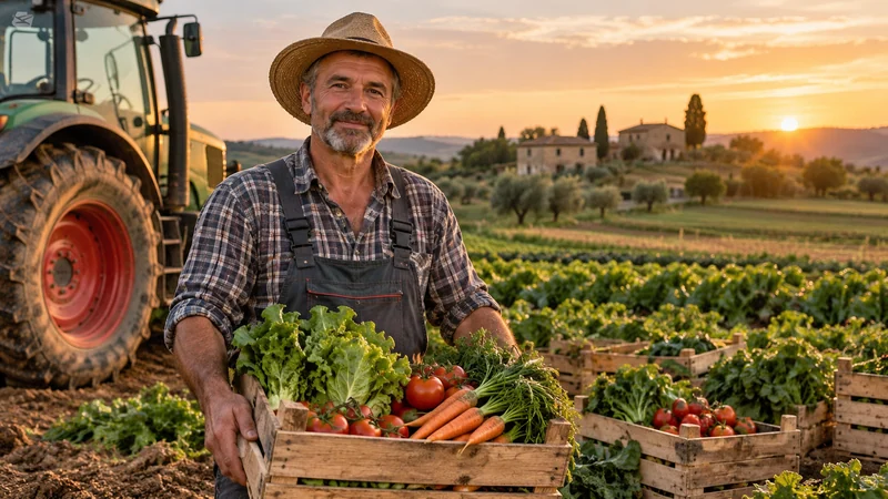 Illustrazione editoriale IA di un agricoltore italiano con cassette di ortaggi raccolti in un campo coltivato.