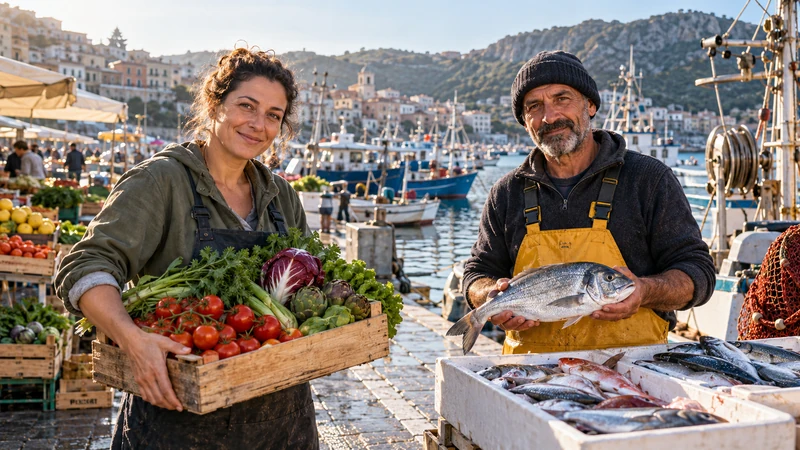 Agricoltrice e pescatore in un mercato portuale italiano, illustrazione editoriale IA.