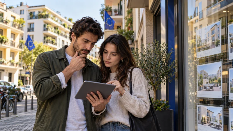 Illustrazione editoriale IA di una giovane coppia che confronta offerte immobiliari in una città europea; scena non documentaria.