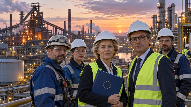 Illustrazione editoriale IA di un impianto industriale europeo e lavoratori, dedicata al quadro temporaneo sugli aiuti di Stato.
