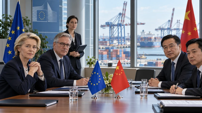 Illustrazione editoriale IA di un confronto commerciale tra Unione europea e Cina in un ufficio di Bruxelles.