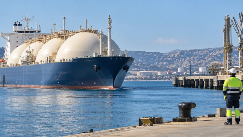 Immagine editoriale IA di una nave metaniera in arrivo in un porto energetico europeo.