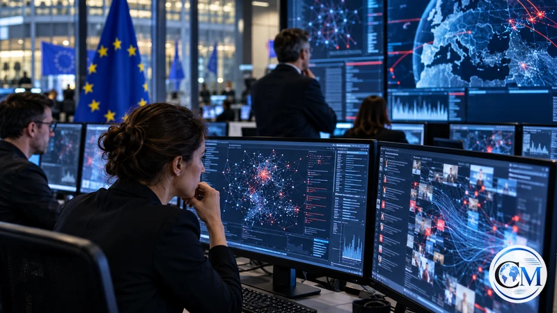 Illustrazione editoriale IA ultrarealistica di un centro europeo di sicurezza informatica; scena non documentaria.
