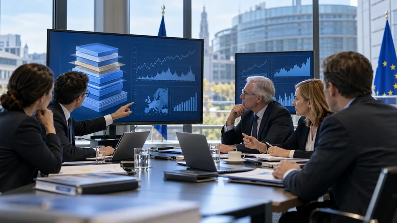Regolatori e specialisti finanziari europei analizzano portafogli di prestiti; illustrazione editoriale IA.