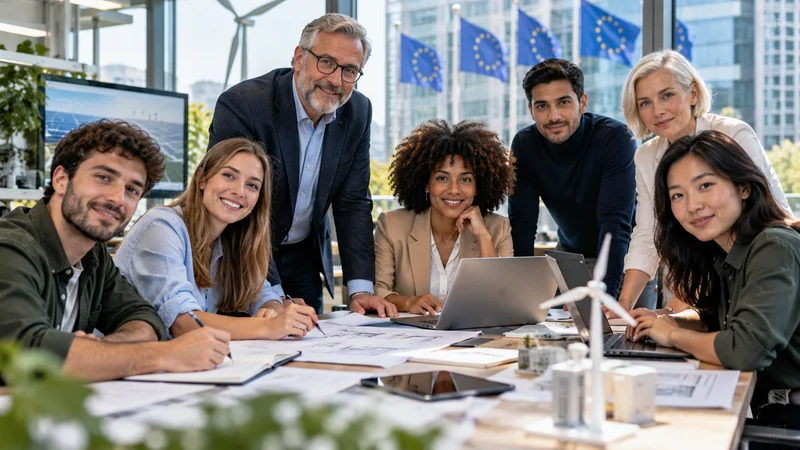 Illustrazione editoriale IA di un gruppo diversificato di professionisti che collabora in un ufficio europeo davanti a finestre con bandiere UE.