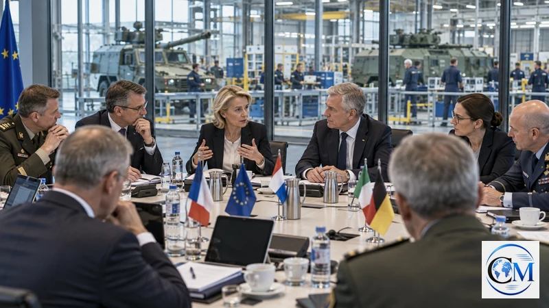 Illustrazione editoriale IA ultrarealistica di ministri e tecnici europei riuniti su appalti e industria della difesa; scena non documentaria.
