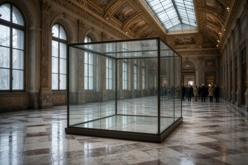 Scena editoriale contestuale generata con IA: sala della Galleria degli Uffizi con teca vuota e pavimento bagnato sotto un lucernario; non è una fotografia documentaria dell'infiltrazione.
