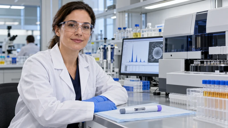Illustrazione editoriale IA di una ricercatrice in laboratorio accanto a un modello molecolare; non raffigura una procedura clinica reale.