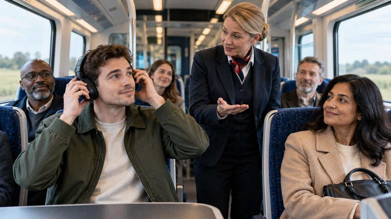 Illustrazione editoriale IA di passeggeri su un treno britannico, con un viaggiatore che usa cuffie; non documenta un controllo reale.
