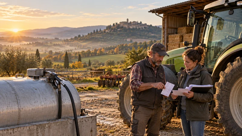 Agricoltori umbri esaminano ricevute del carburante accanto a un trattore; illustrazione editoriale IA.