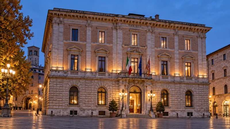 Illustrazione editoriale IA della sede istituzionale di Palazzo Cesaroni a Perugia, non fotografia della seduta.