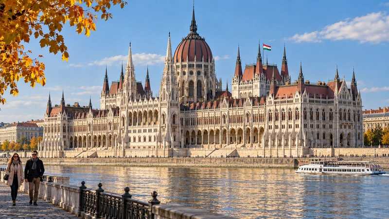 Illustrazione editoriale IA della sede del Parlamento ungherese a Budapest; non è una fotografia della votazione.
