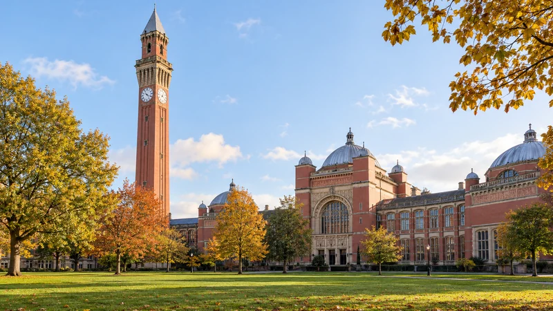 Illustrazione IA di contesto: torre Old Joe e Aston Webb Building dell’Università di Birmingham.