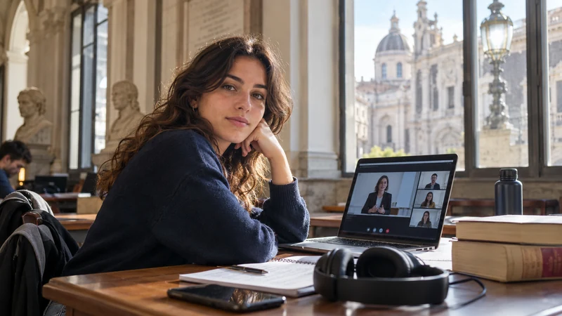 Illustrazione editoriale IA di una studentessa dell’Università di Catania che segue una lezione online.
