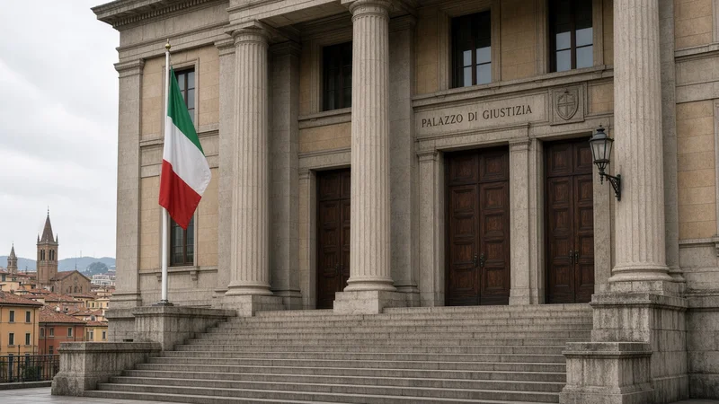 Facciata di palazzo di giustizia italiano con bandiera; illustrazione editoriale IA non documentaria.