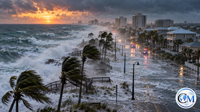 Ricostruzione editoriale IA ultrarealistica dell'uragano Isaias sulla costa della Florida; non è una foto dell'evento.