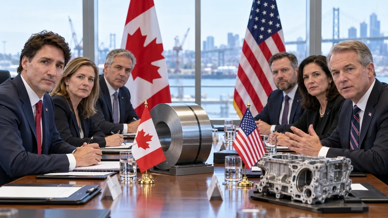Illustrazione editoriale IA di un tavolo negoziale USA-Canada con acciaio e componenti automobilistici; scena non documentaria.