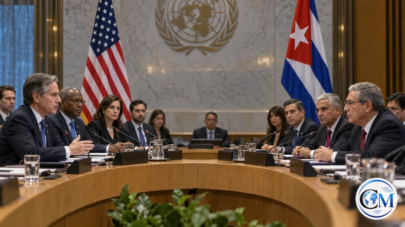 Ricostruzione editoriale IA di delegazioni USA e Cuba all'ONU; non ritrae la seduta reale.