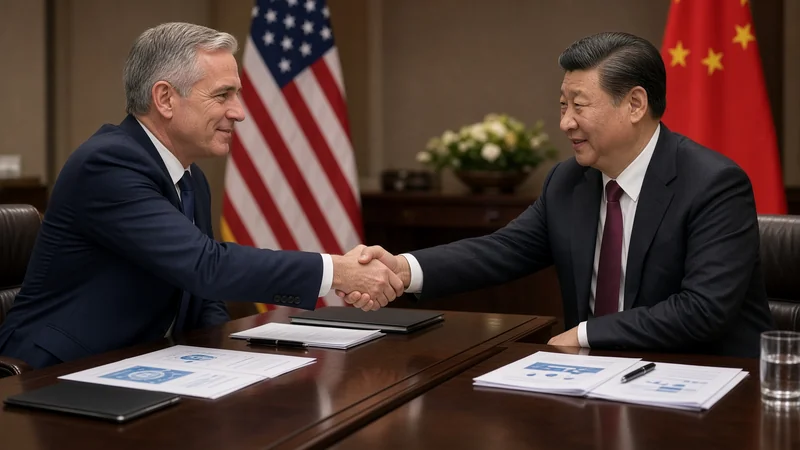 Due diplomatici di spalle, con le bandiere di Stati Uniti e Cina e un telefono rosso.