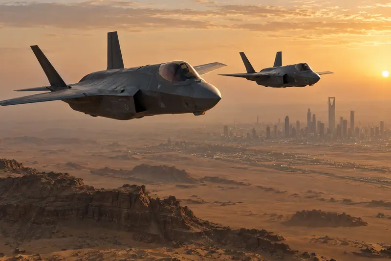 Scena editoriale contestuale generata con IA di due caccia F-35A su una pista di una base aerea all'alba, con personale di terra in lontananza; non è una fotografia documentaria.