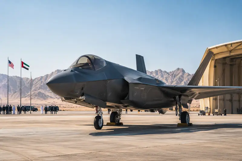 Scena editoriale contestuale generata con IA di un caccia F-35A fermo su una pista desertica al tramonto; non è la fotografia di una consegna o di una vendita.