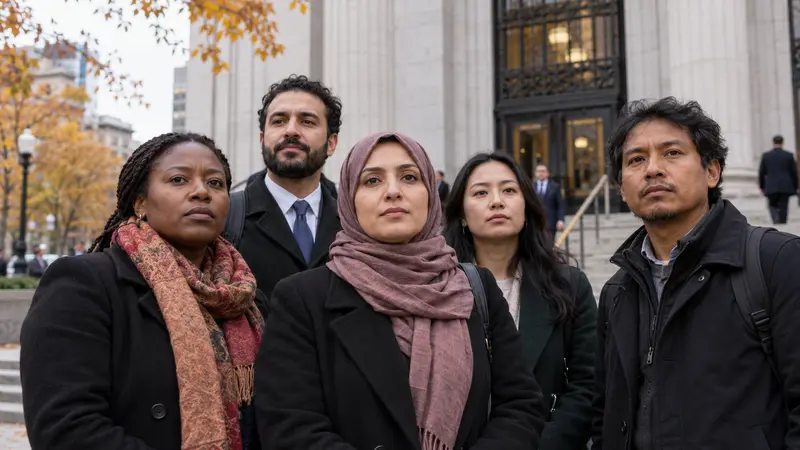 Famiglia di rifugiati davanti a un tribunale federale statunitense con avvocati e documenti