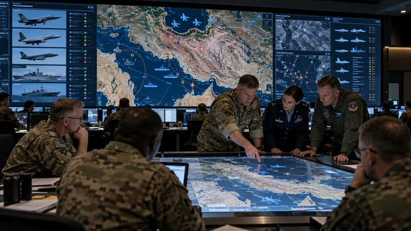 Illustrazione editoriale IA di una sala operativa statunitense durante la pianificazione di contingenza sull'Iran; scena simbolica non documentaria.